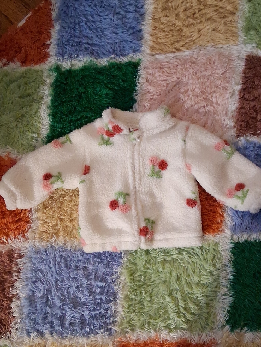 Rachel Zoe Cream Fleece Jacket with Pink & Green Cherry Motif